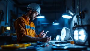 A photograph of a lighting contractor inspecting various emergency light models in a dimly lit environment