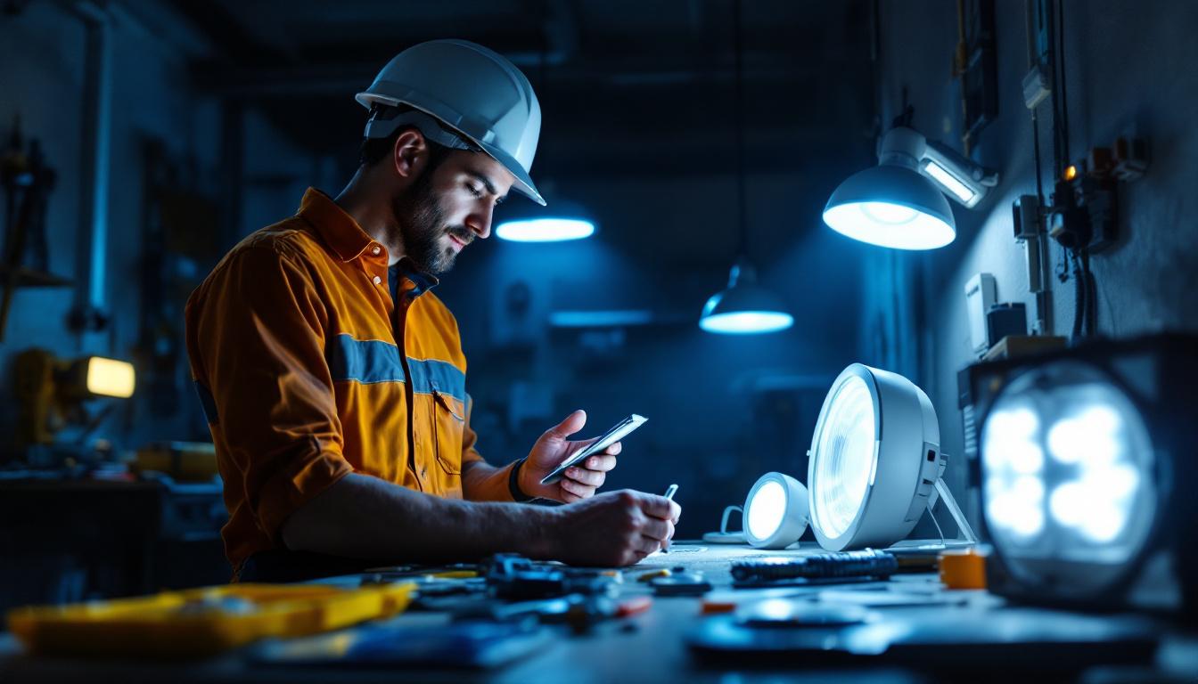 A photograph of a lighting contractor inspecting various emergency light models in a dimly lit environment