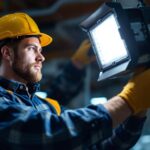 A photograph of a lighting contractor expertly installing or adjusting a 1000 watt mh ballast in a commercial or industrial setting