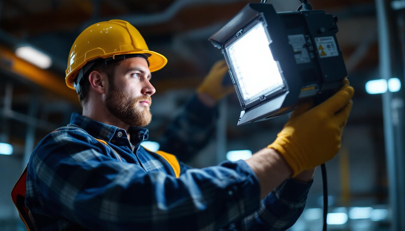 A photograph of a lighting contractor expertly installing or adjusting a 1000 watt mh ballast in a commercial or industrial setting