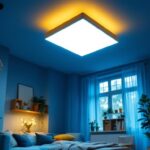 A photograph of a well-lit room featuring a stylish 2x2 ceiling light installation