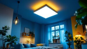 A photograph of a well-lit room featuring a stylish 2x2 ceiling light installation