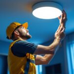 A photograph of a skilled lighting contractor expertly installing a stylish led ceiling light in a modern interior