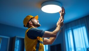 A photograph of a skilled lighting contractor expertly installing a stylish led ceiling light in a modern interior