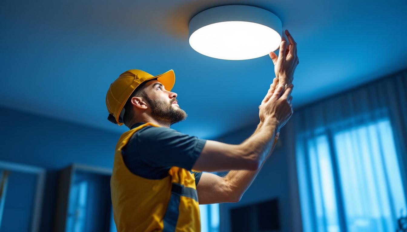 A photograph of a skilled lighting contractor expertly installing a stylish led ceiling light in a modern interior