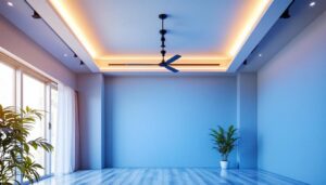 A photograph of a well-lit interior space featuring a dropped ceiling frame