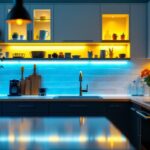 A photograph of a beautifully illuminated kitchen featuring under cabinet led lighting