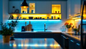 A photograph of a beautifully illuminated kitchen featuring under cabinet led lighting