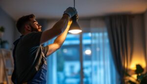 A photograph of a lighting contractor installing lotus can lights in a modern residential space