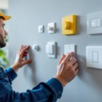 A photograph of a skilled lighting contractor installing various types of wall switches in a modern residential setting