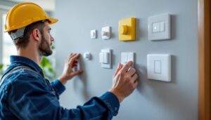 A photograph of a skilled lighting contractor installing various types of wall switches in a modern residential setting