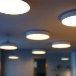 A photograph of a well-lit room featuring modern recessed ceiling lights