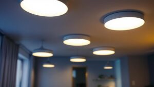 A photograph of a well-lit room featuring modern recessed ceiling lights