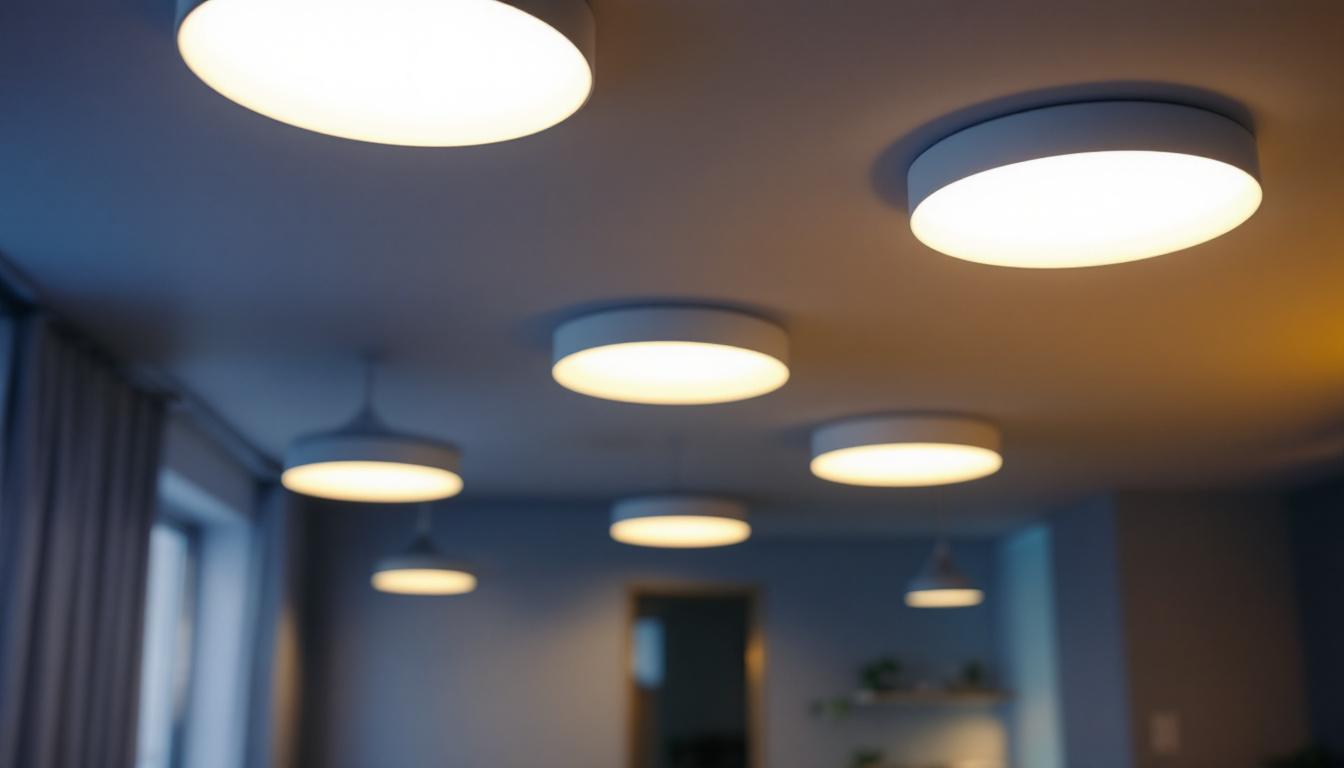 A photograph of a well-lit room featuring modern recessed ceiling lights