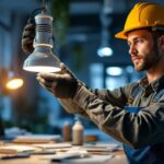 A photograph of a skilled lighting contractor expertly installing a cmh lamp in a modern workspace