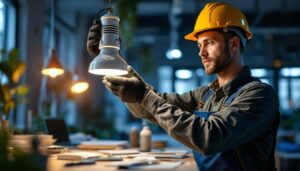A photograph of a skilled lighting contractor expertly installing a cmh lamp in a modern workspace