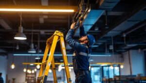 A photograph of a lighting contractor skillfully installing a ceiling gantry system in a modern commercial space