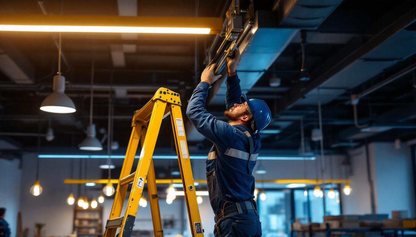 A photograph of a lighting contractor skillfully installing a ceiling gantry system in a modern commercial space