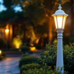 A photograph of a beautifully designed white outdoor lamp post illuminated at dusk