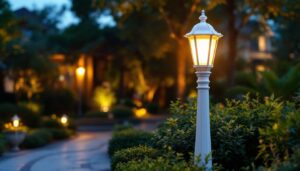 A photograph of a beautifully designed white outdoor lamp post illuminated at dusk