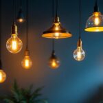 A photograph of a beautifully designed interior space featuring various styles of hanging down lights