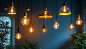 A photograph of a beautifully designed interior space featuring various styles of hanging down lights