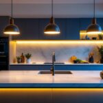 A photograph of a beautifully designed kitchen island featuring stylish light fixtures that enhance the modern aesthetic