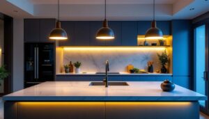 A photograph of a beautifully designed kitchen island featuring stylish light fixtures that enhance the modern aesthetic