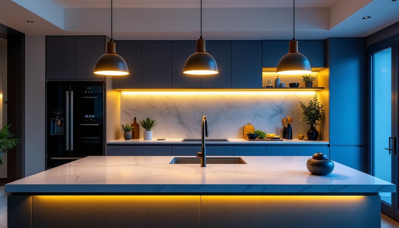 A photograph of a beautifully designed kitchen island featuring stylish light fixtures that enhance the modern aesthetic