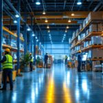 A photograph of a well-lit warehouse interior showcasing various lighting solutions in action