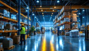 A photograph of a well-lit warehouse interior showcasing various lighting solutions in action