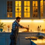 A photograph of a beautifully designed kitchen with under cabinet lighting illuminating the countertops