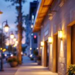 A photograph of a well-lit commercial outdoor space showcasing various styles of wall lighting fixtures
