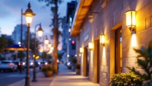 A photograph of a well-lit commercial outdoor space showcasing various styles of wall lighting fixtures