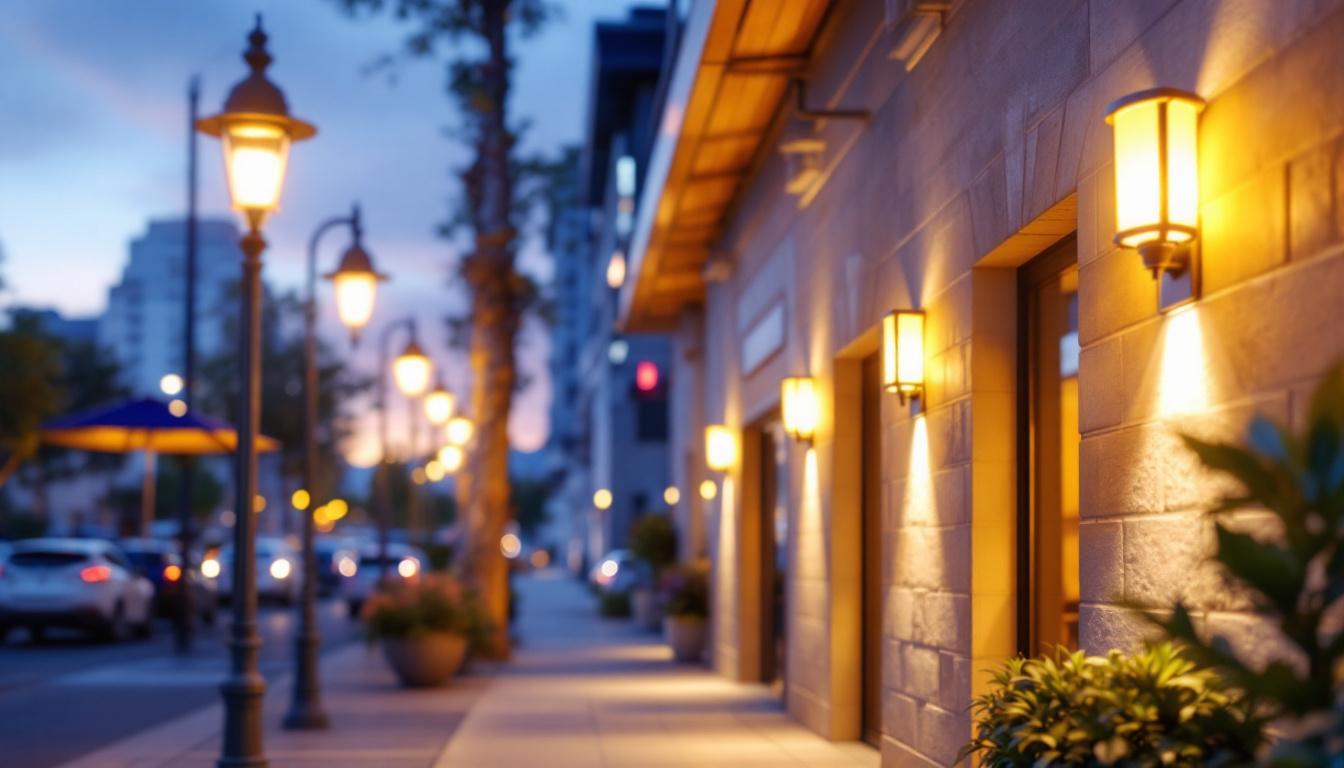 A photograph of a well-lit commercial outdoor space showcasing various styles of wall lighting fixtures