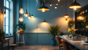 A photograph of a well-lit salon interior showcasing a variety of stylish light fixtures