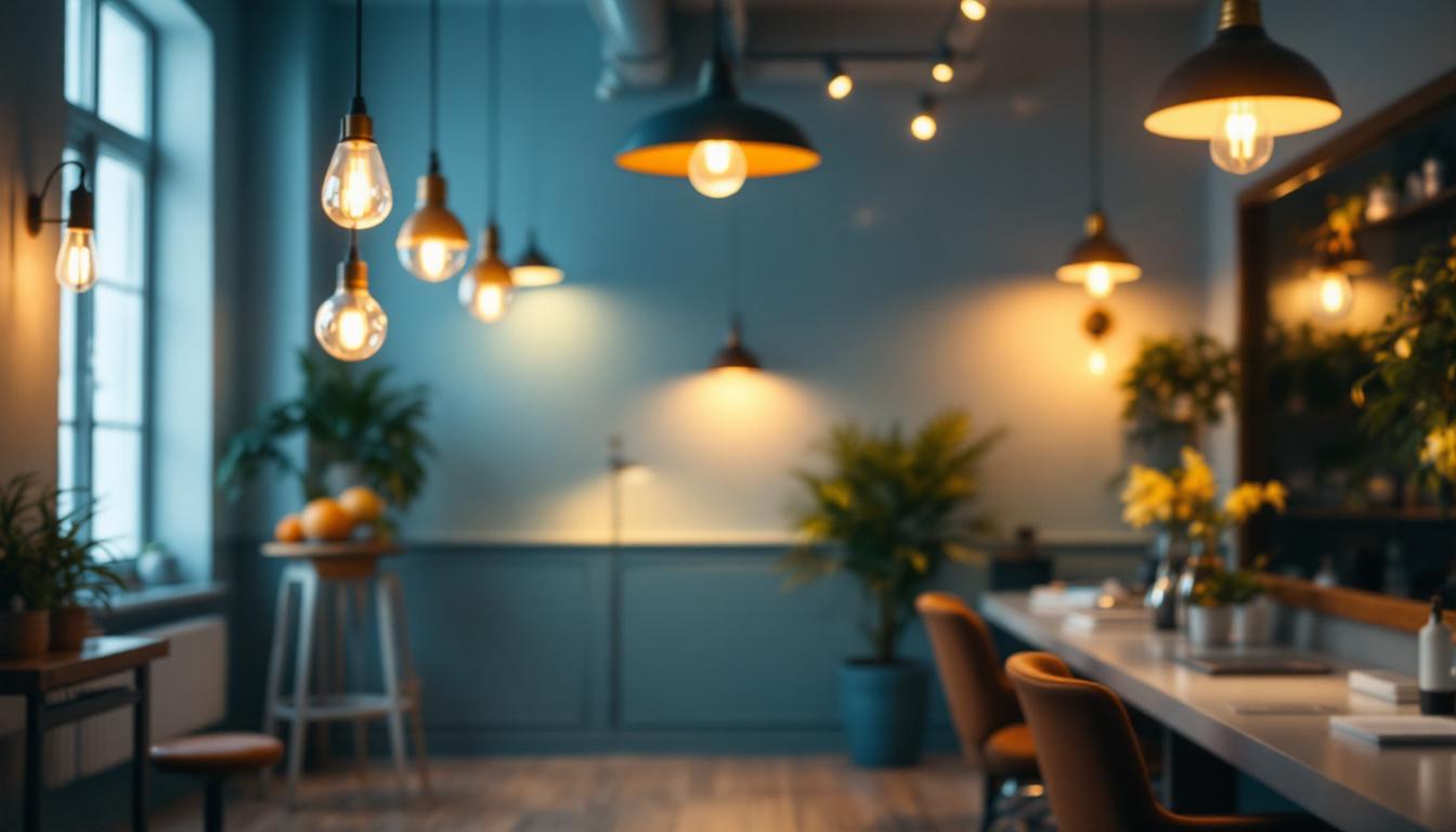 A photograph of a well-lit salon interior showcasing a variety of stylish light fixtures