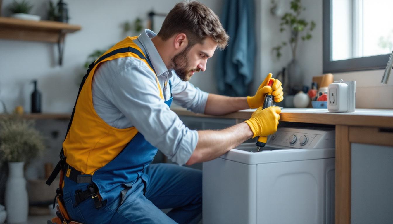 A photograph of a skilled lighting contractor expertly installing a washer and dryer plug in a modern laundry room