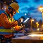 A photograph of a lighting contractor installing solar-powered commercial lights in an outdoor setting