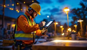 A photograph of a lighting contractor installing solar-powered commercial lights in an outdoor setting