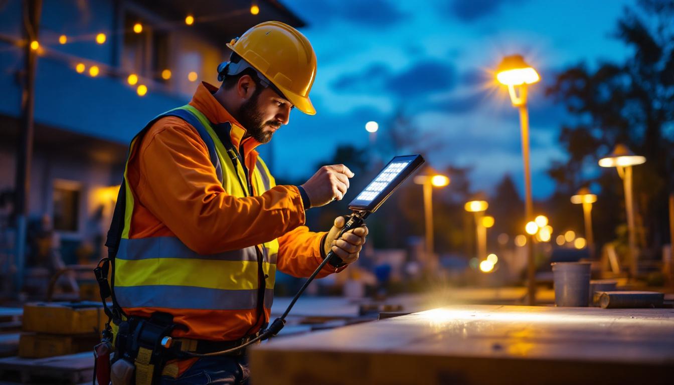 A photograph of a lighting contractor installing solar-powered commercial lights in an outdoor setting