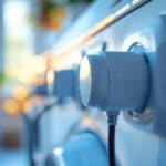 A photograph of a close-up of a well-designed electric plug connected to a washer in a brightly lit laundry room