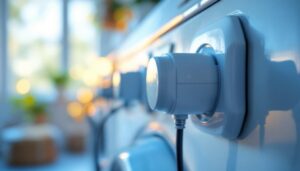 A photograph of a close-up of a well-designed electric plug connected to a washer in a brightly lit laundry room