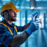 A photograph of a lighting contractor expertly installing a hospital-grade receptacle in a clinical setting
