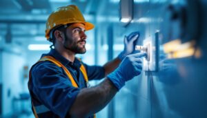 A photograph of a lighting contractor expertly installing a hospital-grade receptacle in a clinical setting