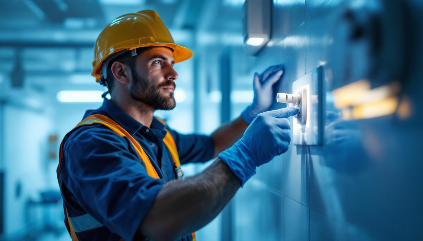 A photograph of a lighting contractor expertly installing a hospital-grade receptacle in a clinical setting