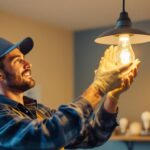 A photograph of a lighting contractor expertly replacing a 120v 60hz bulb in a stylish fixture