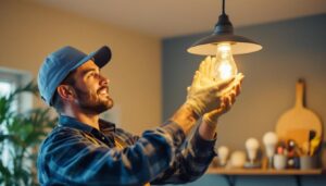 A photograph of a lighting contractor expertly replacing a 120v 60hz bulb in a stylish fixture
