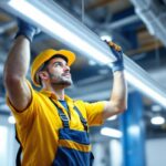 A photograph of a skilled lighting contractor efficiently mounting a fluorescent light fixture in a commercial setting