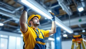 A photograph of a skilled lighting contractor efficiently mounting a fluorescent light fixture in a commercial setting